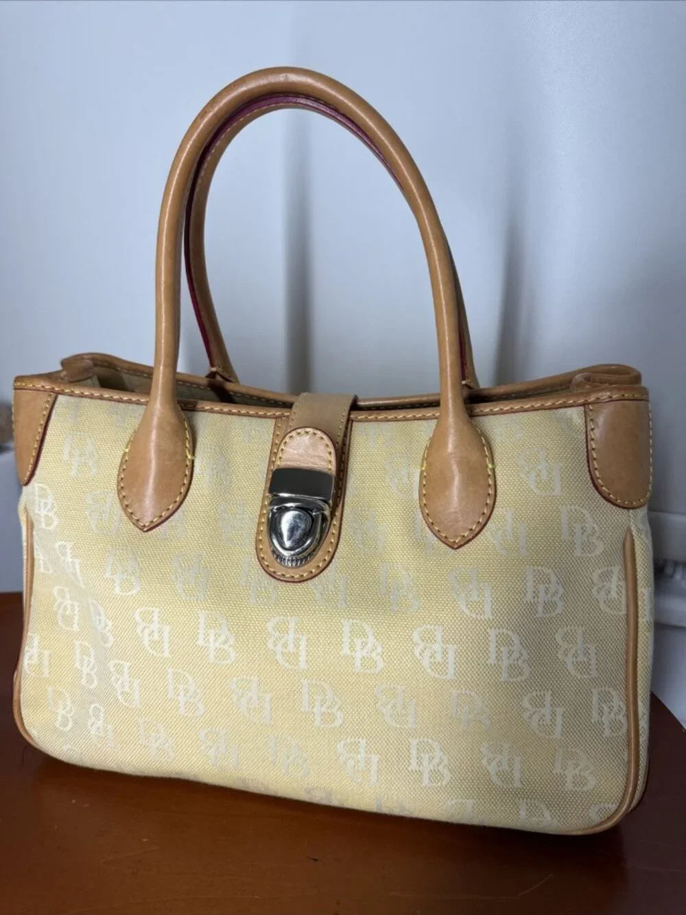 Dooney & Bourke Yellow/Cream DB Small Double Handle Tote Very Nice Leather Purse